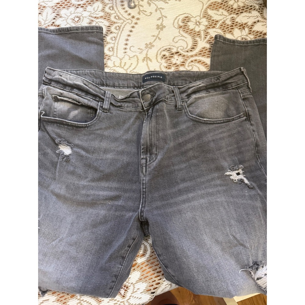 Aeropostale Mens Slim Straight Distressed Gray Jeans 38x32 Ripped Denim